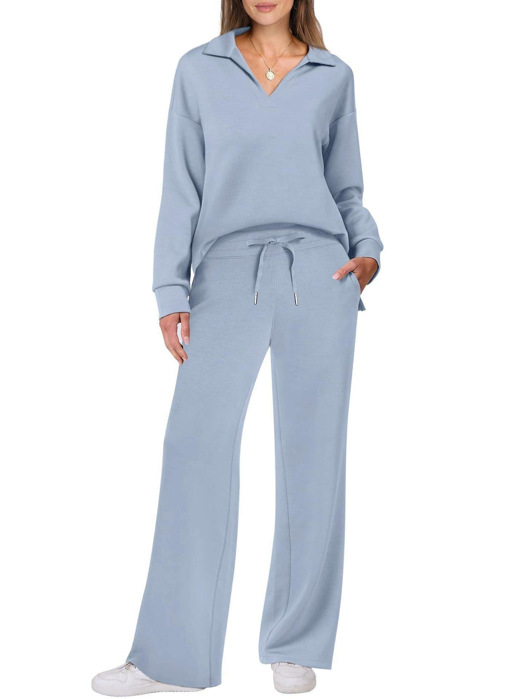 Damen Loungewear Set mit V-Ausschnitt Pullover und Weit Geschnittener Hose | Bequemer Hausanzug für Alltag und Freizeit