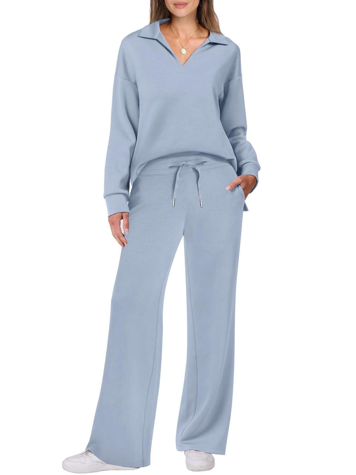 Damen Loungewear Set mit V-Ausschnitt Pullover und Weit Geschnittener Hose | Bequemer Hausanzug für Alltag und Freizeit