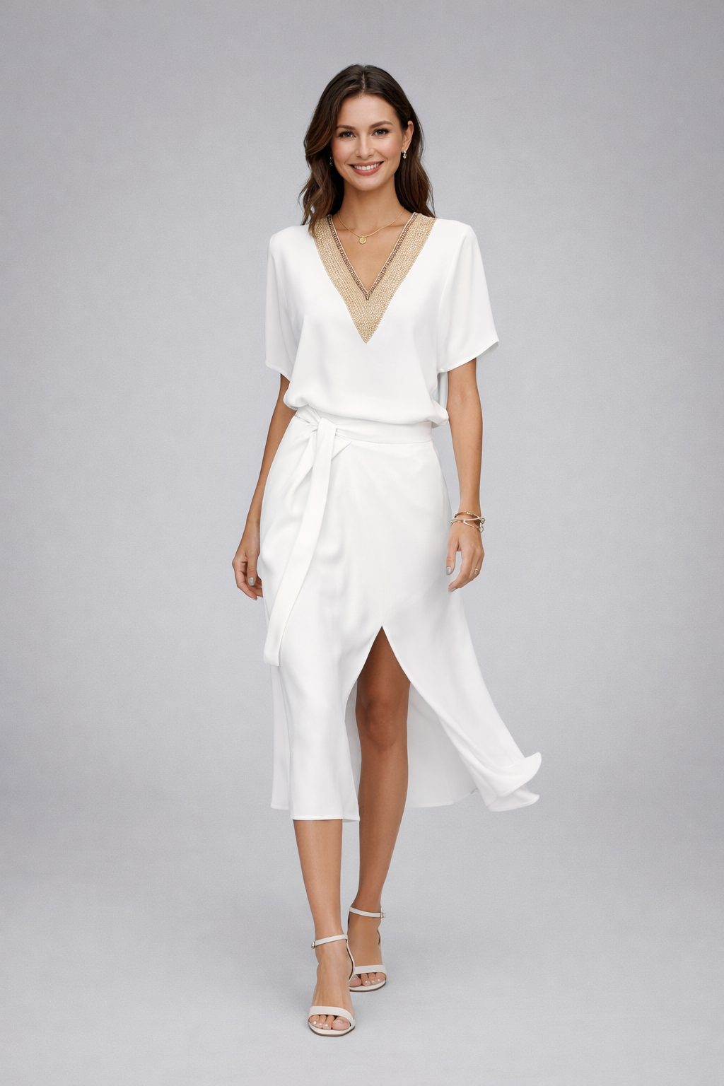 Sommerliches weißes Midikleid mit elegantem V-Ausschnitt