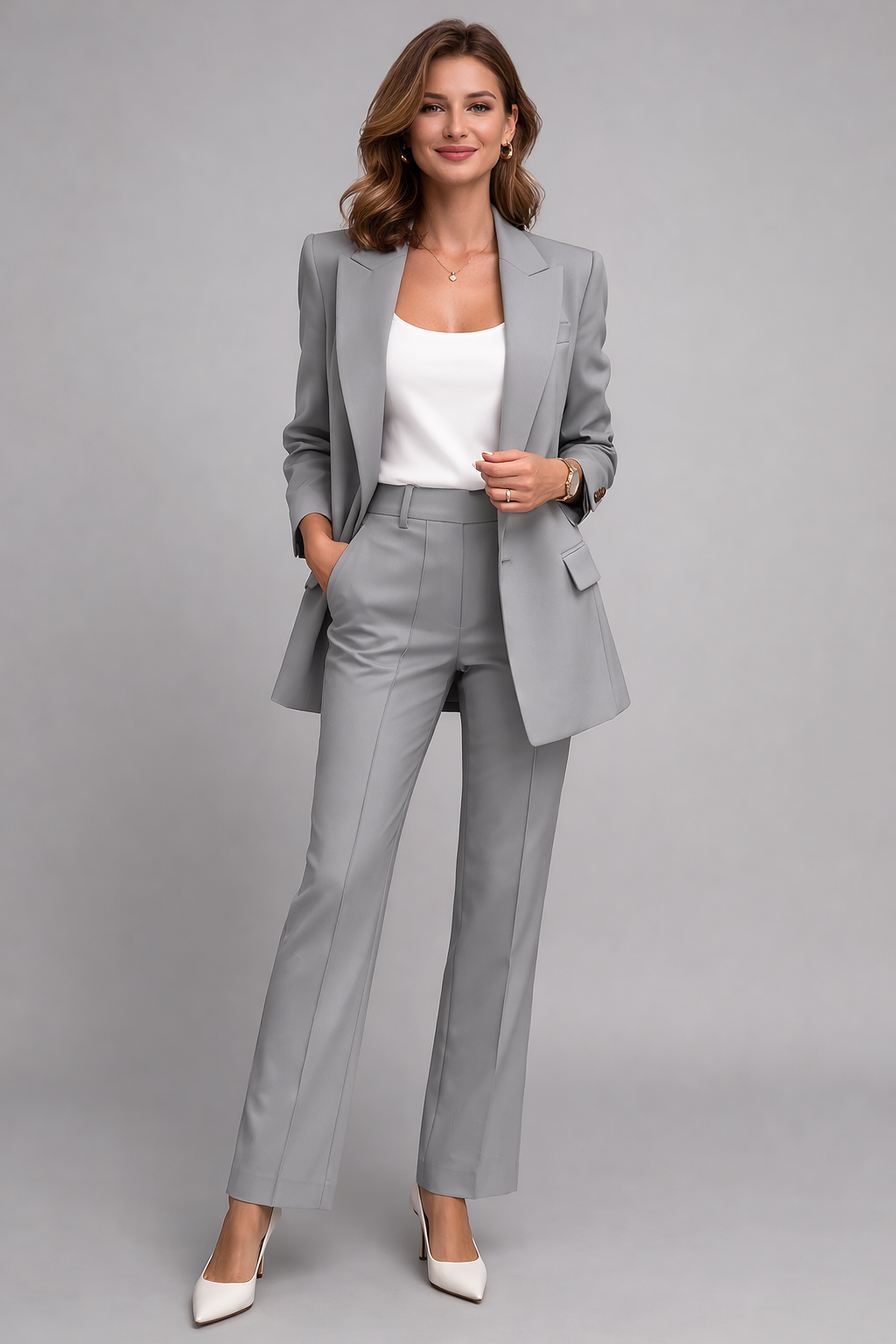 Women's Blazer Set with Pants | Elegant Pantsuit for Office and Leisure | Two-Piece with Slim Lapel and Button Details