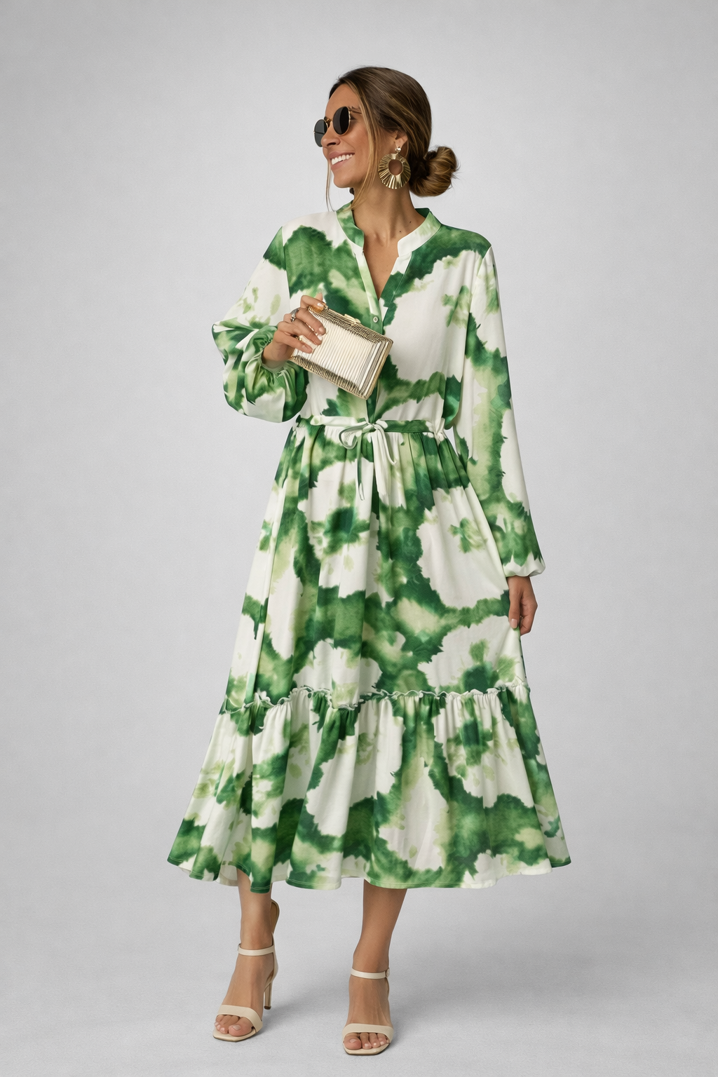 Damen Maxikleid mit V-Ausschnitt und Langarm | Boho Freizeitkleid mit Allover-Print | Fließendes Kleid für jeden Tag