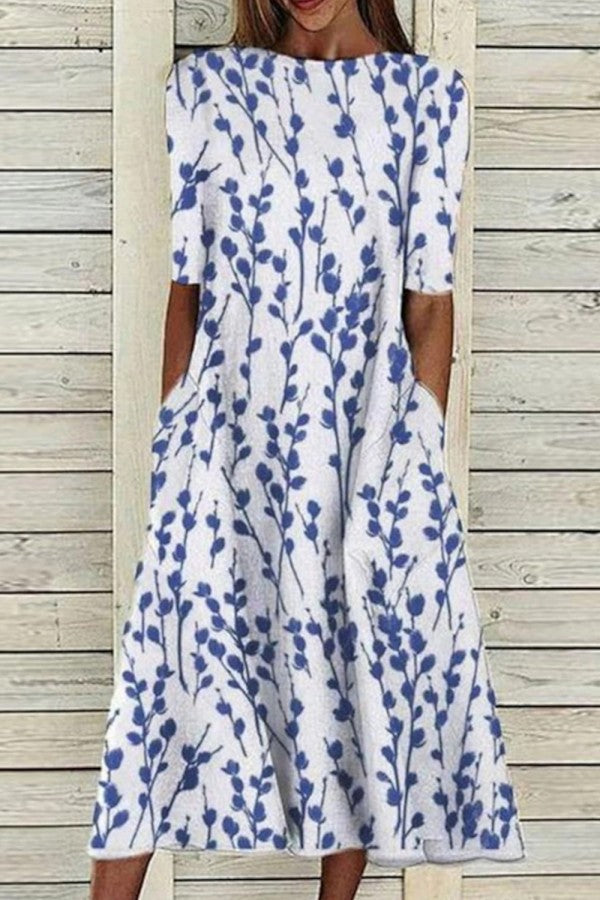 Damen-Midikleid mit Rundhalsausschnitt und halben Ärmeln