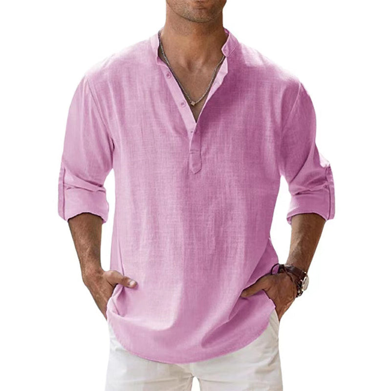 Men's Linen Shirt with Henley Neckline | Breathable Summer Shirt Made of Lightweight Linen | Classic Long-Sleeve Casual Shirt