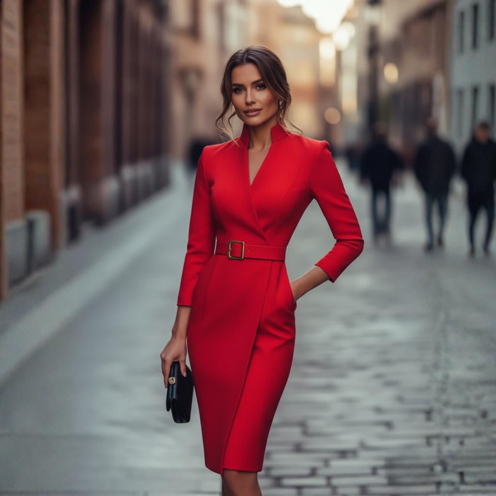 Elegant midi sheath dress with V-neck and belt