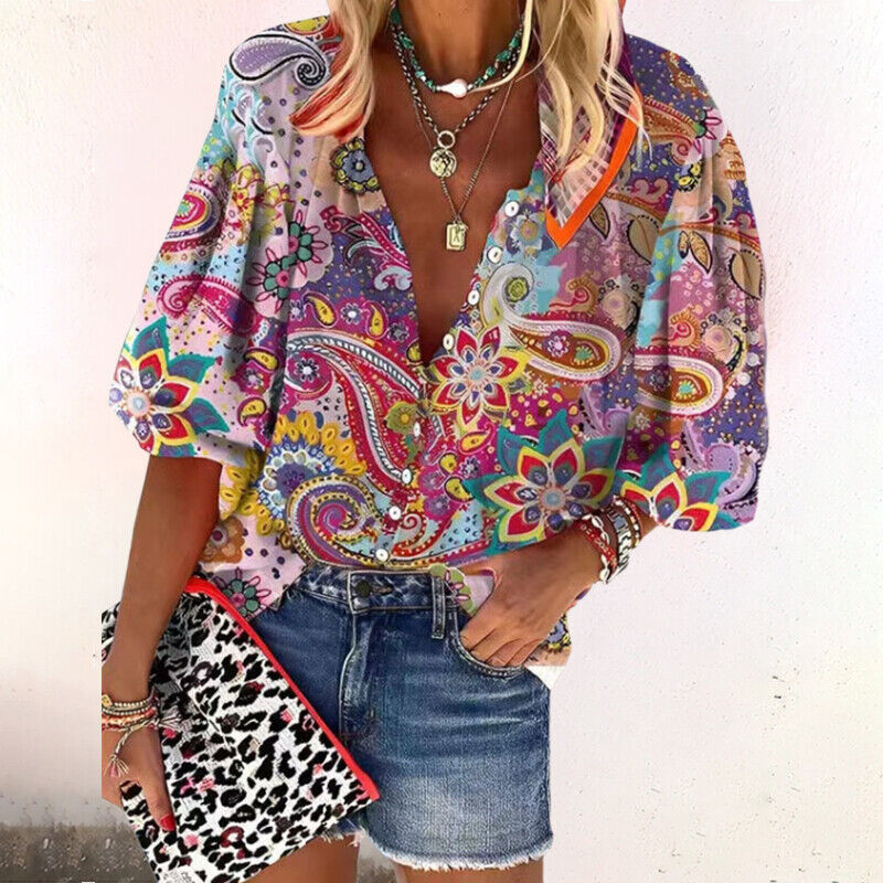 Women's blouse in boho style with floral print | Airy summer blouse with wide sleeves | Comfortable fit for warm summer days