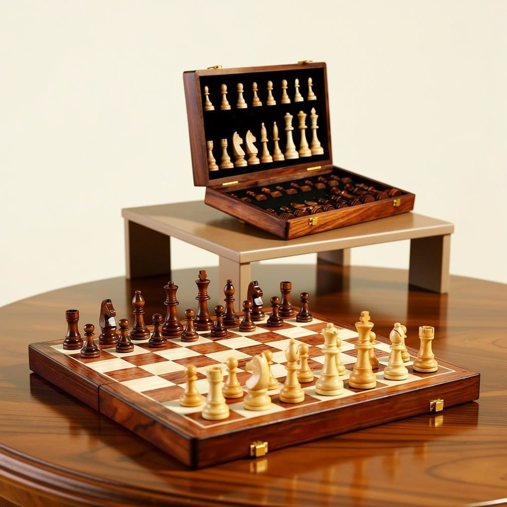 Foldable wooden chess set with pieces – portable chessboard for travel and home