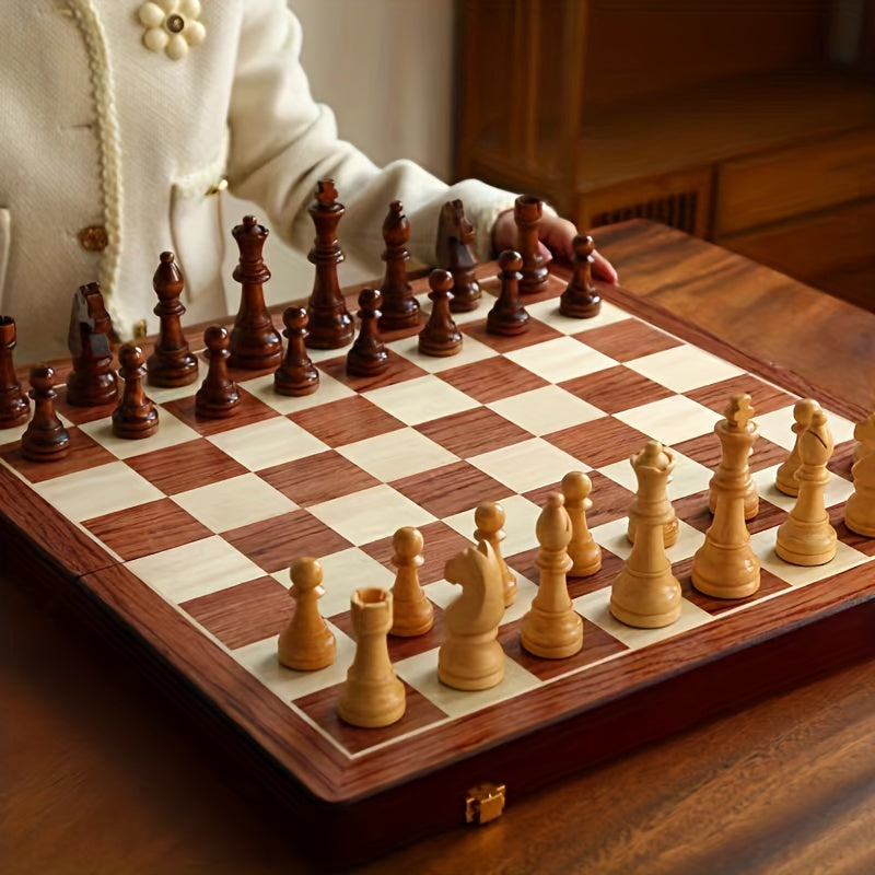 Foldable wooden chess set with pieces – portable chessboard for travel and home