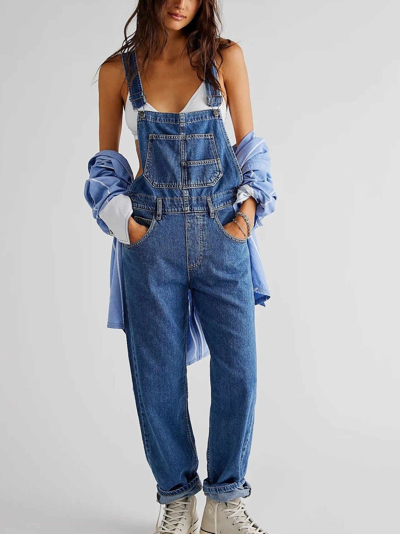 Women's Denim Overalls | Classic Jeans Overalls with Adjustable Straps and Chest Pocket | Comfortable Full-Length Jumpsuit
