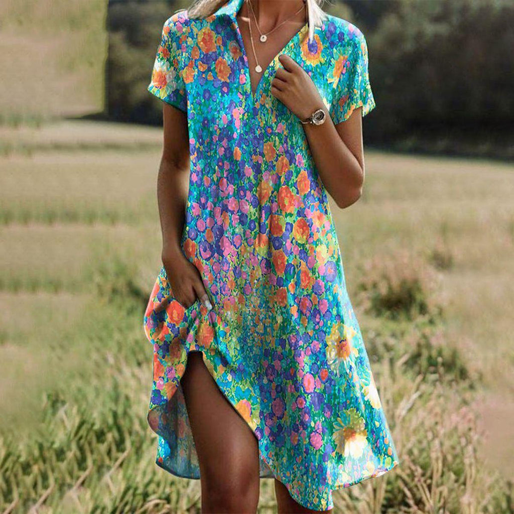 Sommerkleid für Damen | V-Ausschnitt Kurzarm Midi