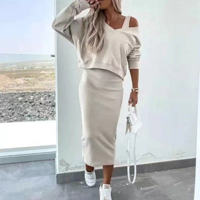 Damen Midi Kleid und Oversized Pullover Set | Zweiteiler Strickkleid mit weitem Pulli | Modernes Freizeit Outfit für Frauen