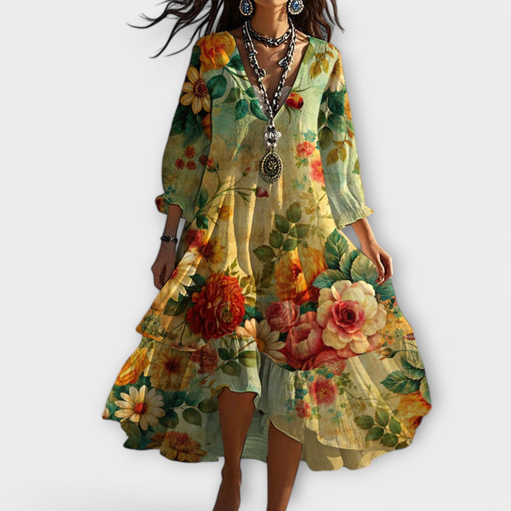 Boho-Kleid für Damen | Florales Midikleid mit V-Ausschnitt und 3/4-Ärmeln