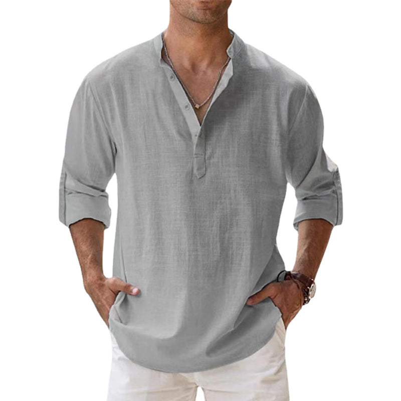Men's Linen Shirt with Henley Neckline | Breathable Summer Shirt Made of Lightweight Linen | Classic Long-Sleeve Casual Shirt