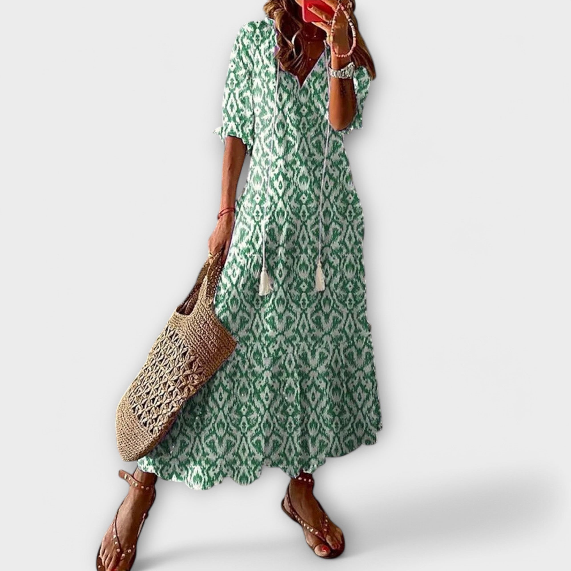 Women's Boho-Style Maxi Dress | Lightweight Summer Dress with Print and Waistband | Airy Long Dress for Beach and Everyday Wear