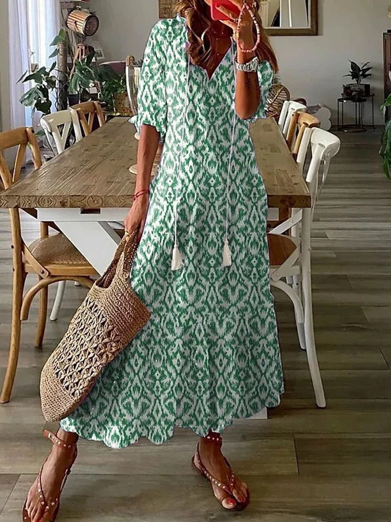 Damen Maxikleid im Boho-Stil – Luftiges Sommerkleid mit kurzen Ärmeln & entspannter Passform – Ideal für Strand & Freizeit
