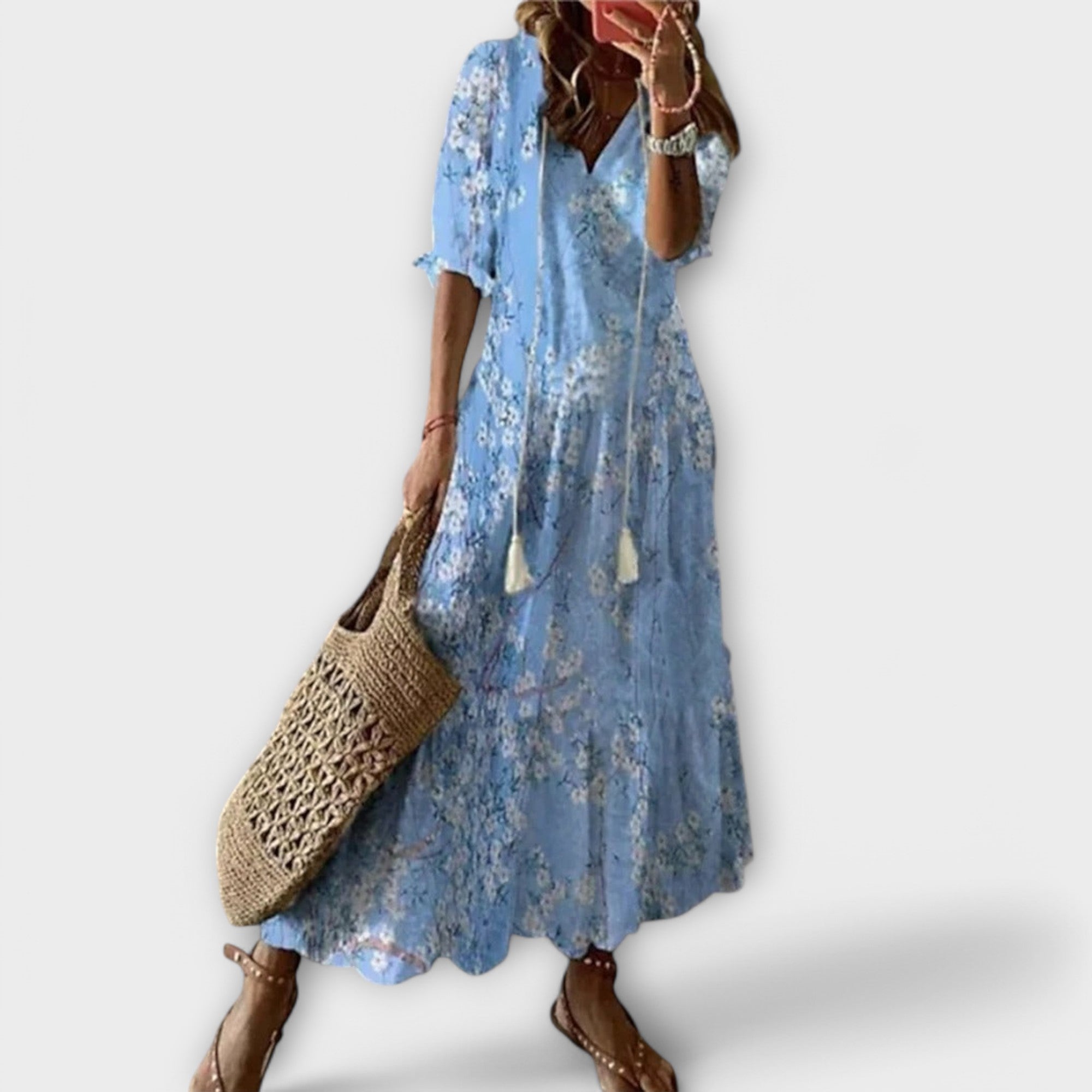 Women's Boho-Style Maxi Dress | Lightweight Summer Dress with Print and Waistband | Airy Long Dress for Beach and Everyday Wear