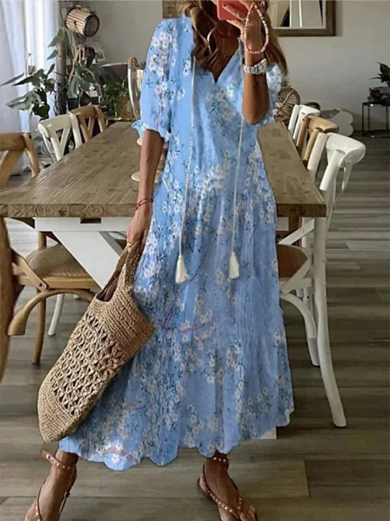 Damen Maxikleid im Boho-Stil – Luftiges Sommerkleid mit kurzen Ärmeln & entspannter Passform – Ideal für Strand & Freizeit