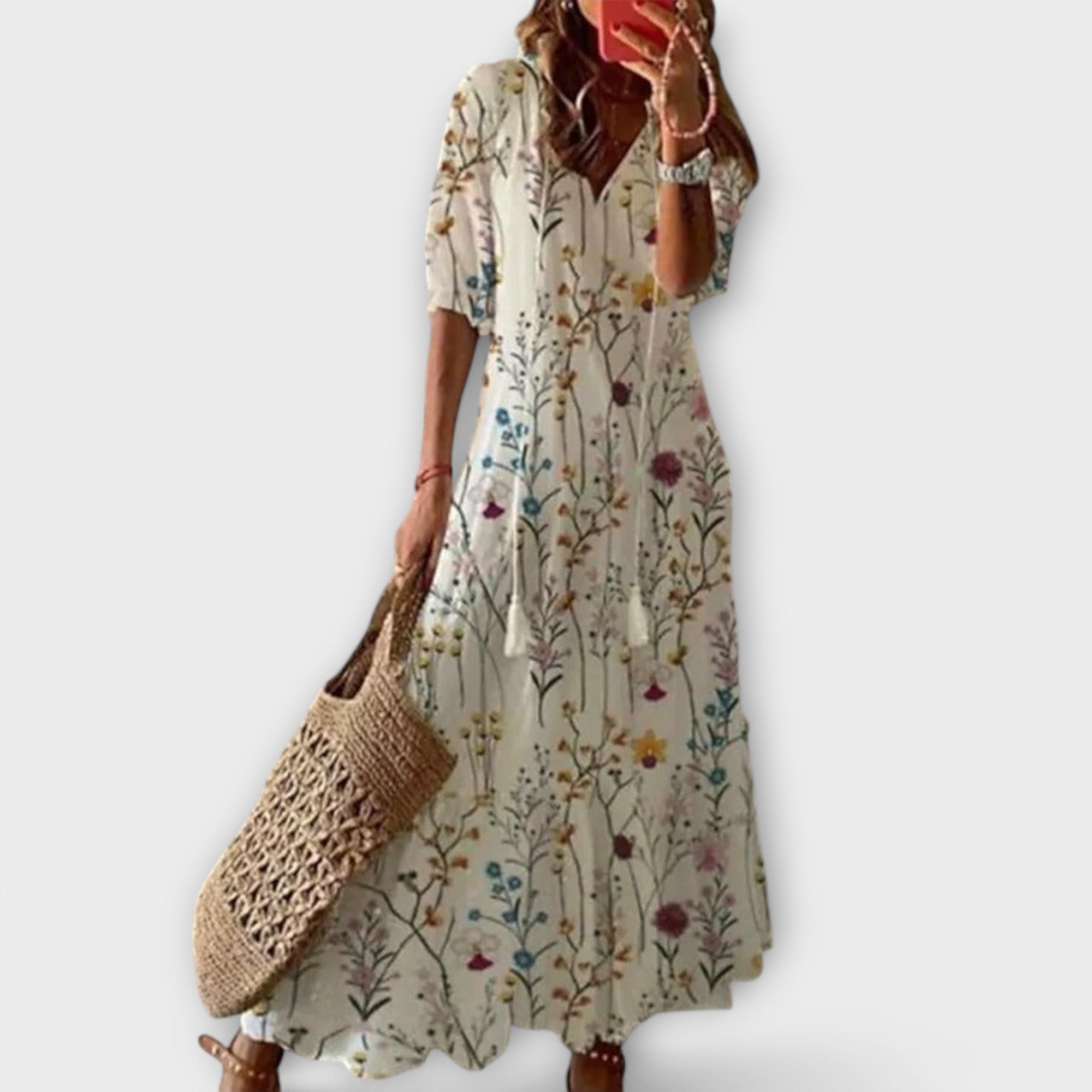 Women's Boho-Style Maxi Dress | Lightweight Summer Dress with Print and Waistband | Airy Long Dress for Beach and Everyday Wear