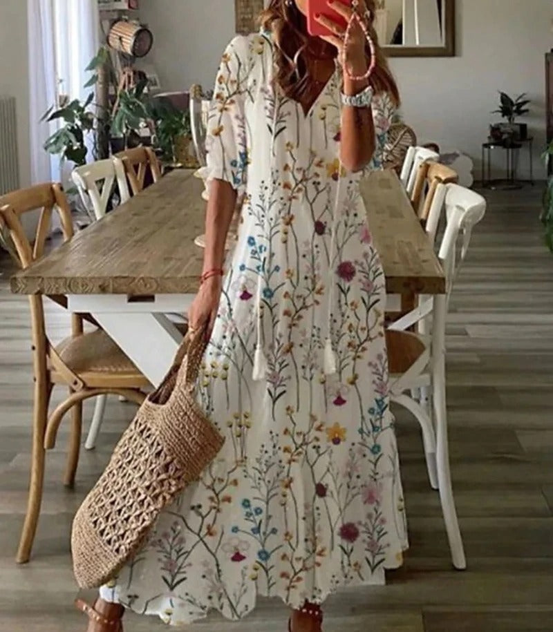 Damen Maxikleid im Boho-Stil – Luftiges Sommerkleid mit kurzen Ärmeln & entspannter Passform – Ideal für Strand & Freizeit