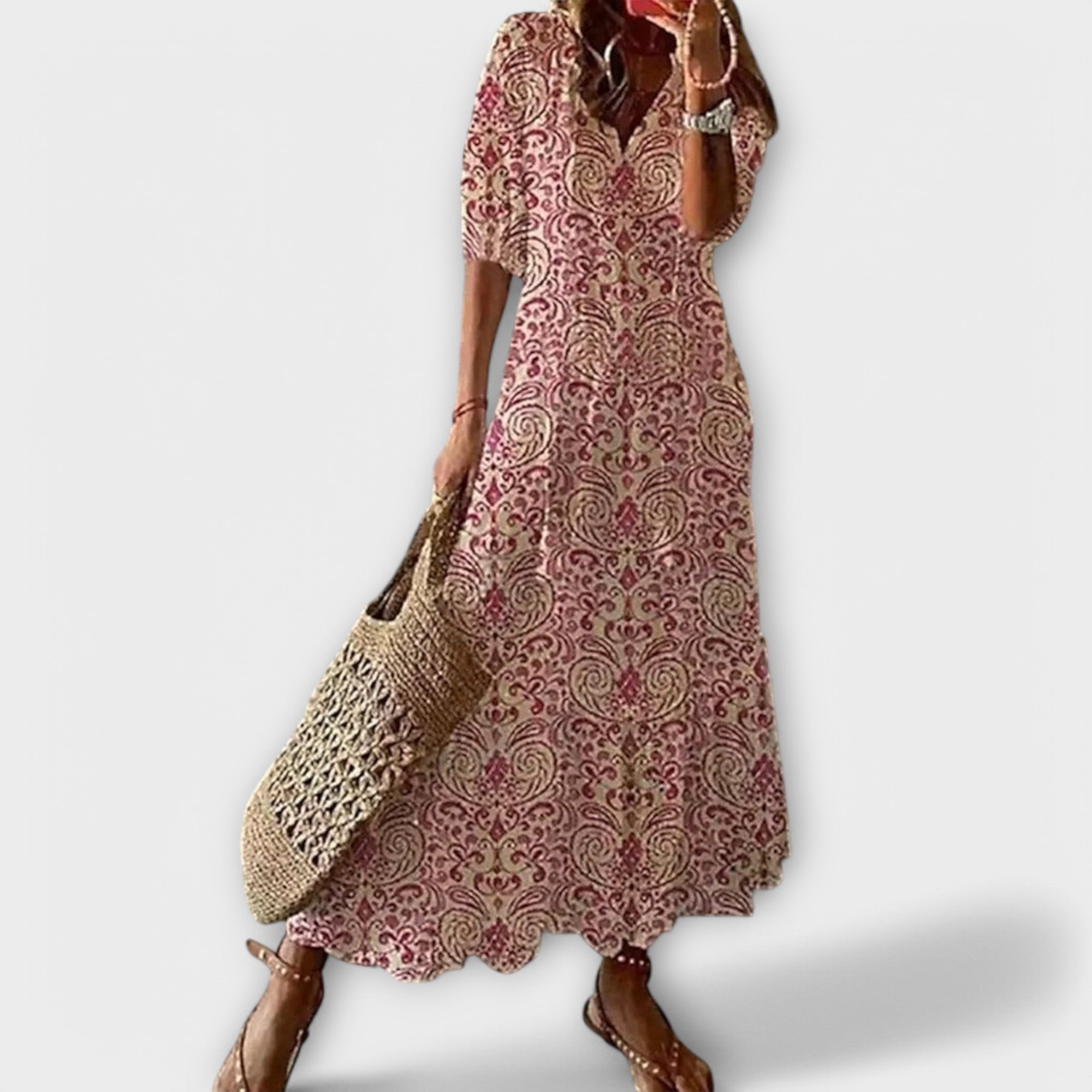 Women's Boho-Style Maxi Dress | Lightweight Summer Dress with Print and Waistband | Airy Long Dress for Beach and Everyday Wear