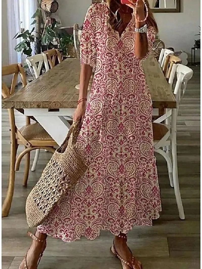Damen Maxikleid im Boho-Stil – Luftiges Sommerkleid mit kurzen Ärmeln & entspannter Passform – Ideal für Strand & Freizeit