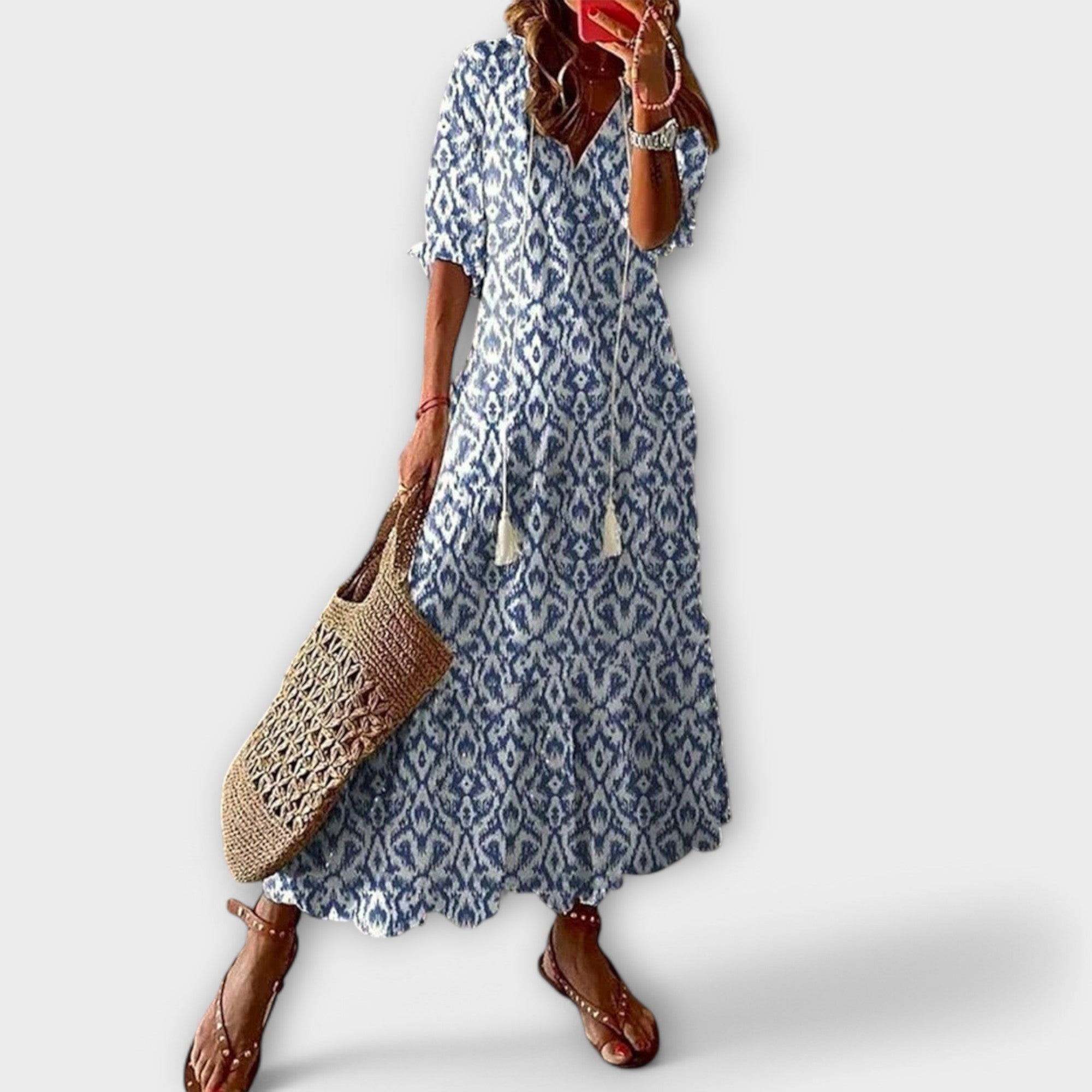 Women's Boho-Style Maxi Dress | Lightweight Summer Dress with Print and Waistband | Airy Long Dress for Beach and Everyday Wear