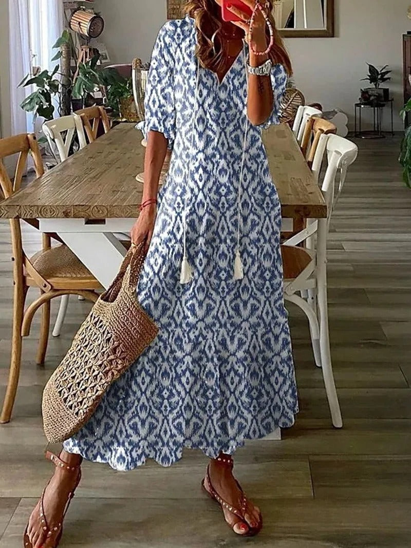 Damen Maxikleid im Boho-Stil – Luftiges Sommerkleid mit kurzen Ärmeln & entspannter Passform – Ideal für Strand & Freizeit