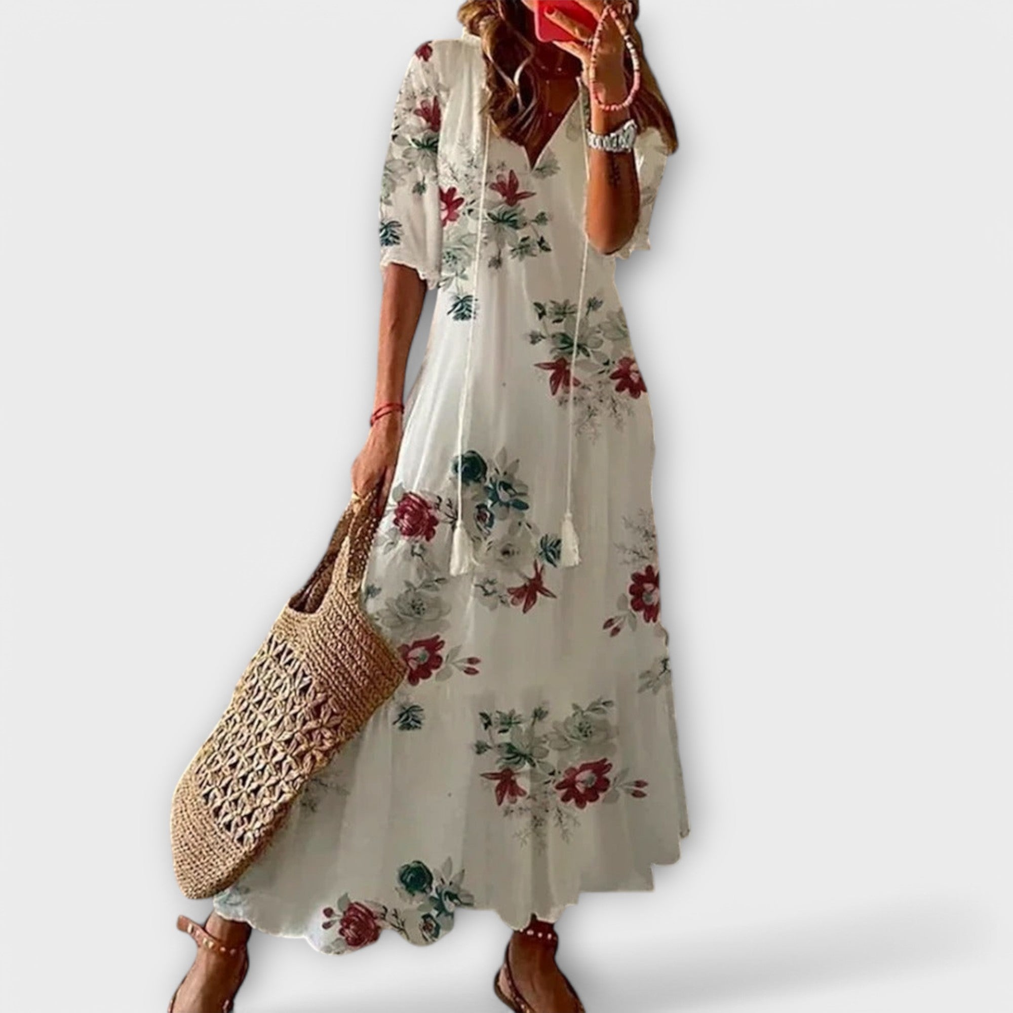 Women's Boho-Style Maxi Dress | Lightweight Summer Dress with Print and Waistband | Airy Long Dress for Beach and Everyday Wear