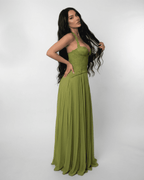 Lauven Verdant Maxi Dress featuring a lace bodice and pleated olive green skirt, ideal for elegant occasions.