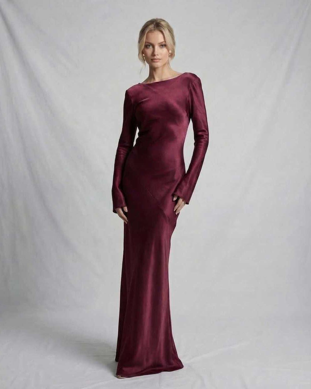 Vesper Maxi Dress by Lauven in rich burgundy satin, featuring long sleeves and a sleek fit.