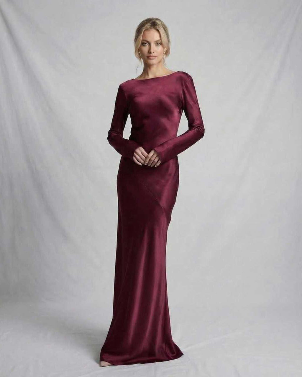 Vesper Maxi Dress by Lauven in rich burgundy satin, featuring a sleek silhouette and dramatic back.