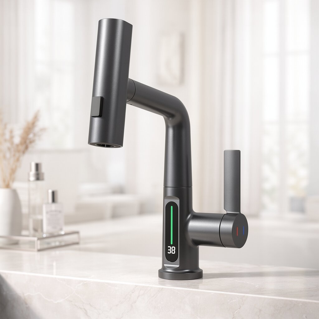 Flexible faucet with LED temperature display and 5 spray modes – modern kitchen and bathroom fixture