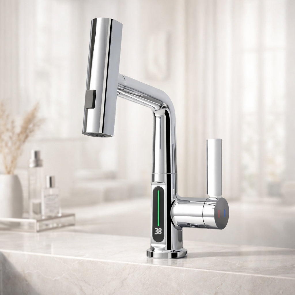 Flexible faucet with LED temperature display and 5 spray modes – modern kitchen and bathroom fixture