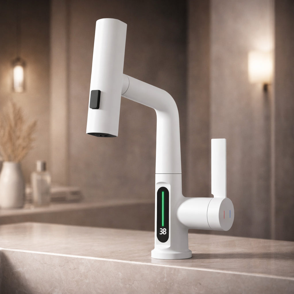 Flexible faucet with LED temperature display and 5 spray modes – modern kitchen and bathroom fixture