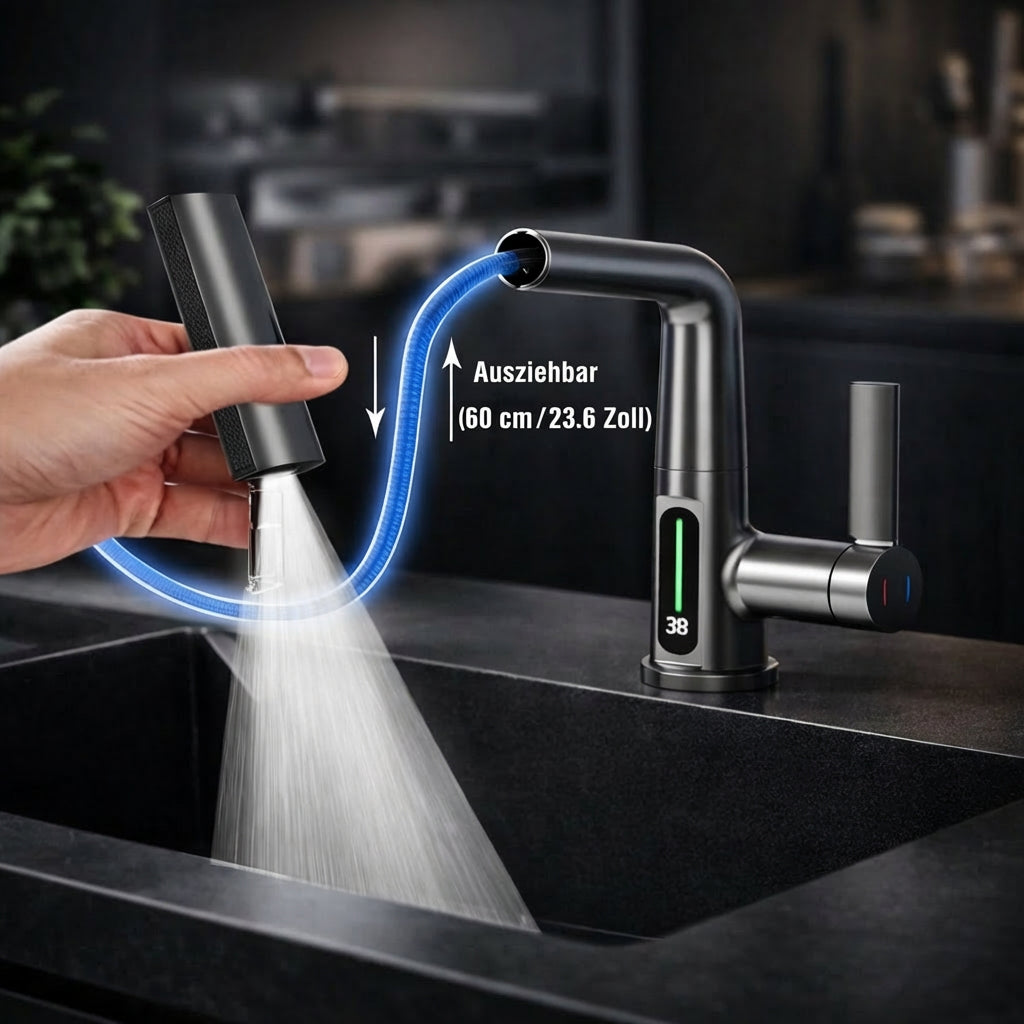 Flexibler Wasserhahn mit LED-Temperaturanzeige und 5 Strahlmodi – moderne Küchen- und Badarmatur