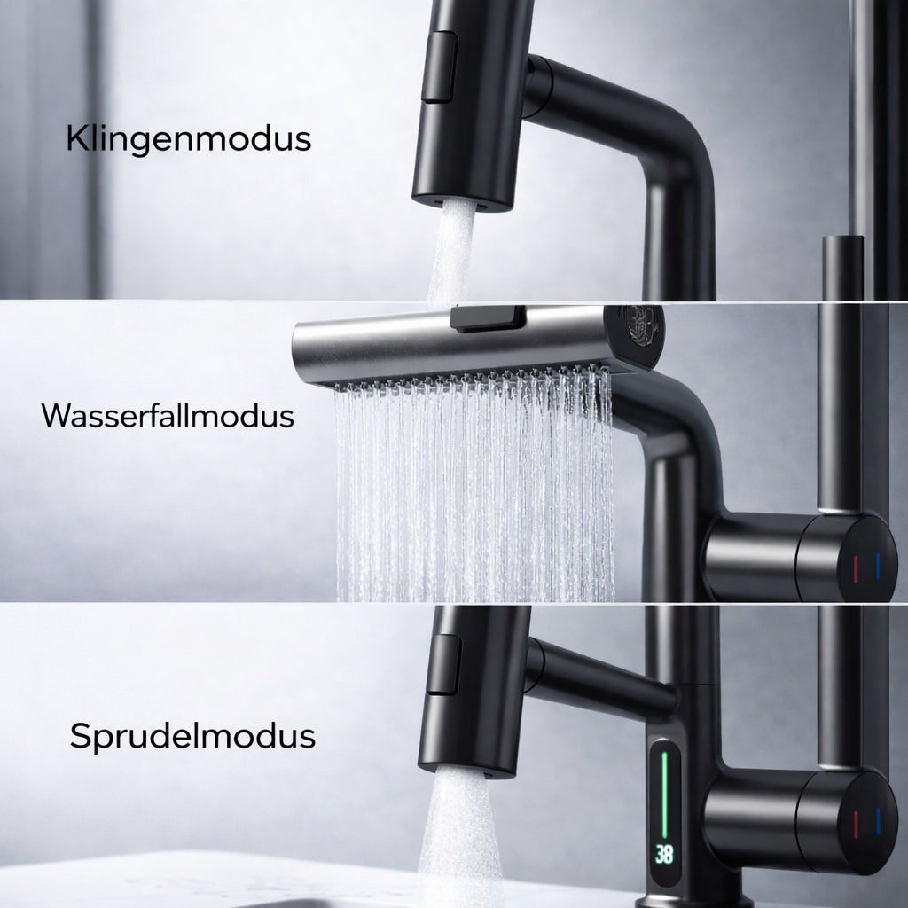 Flexibler Wasserhahn mit LED-Temperaturanzeige und 5 Strahlmodi – moderne Küchen- und Badarmatur