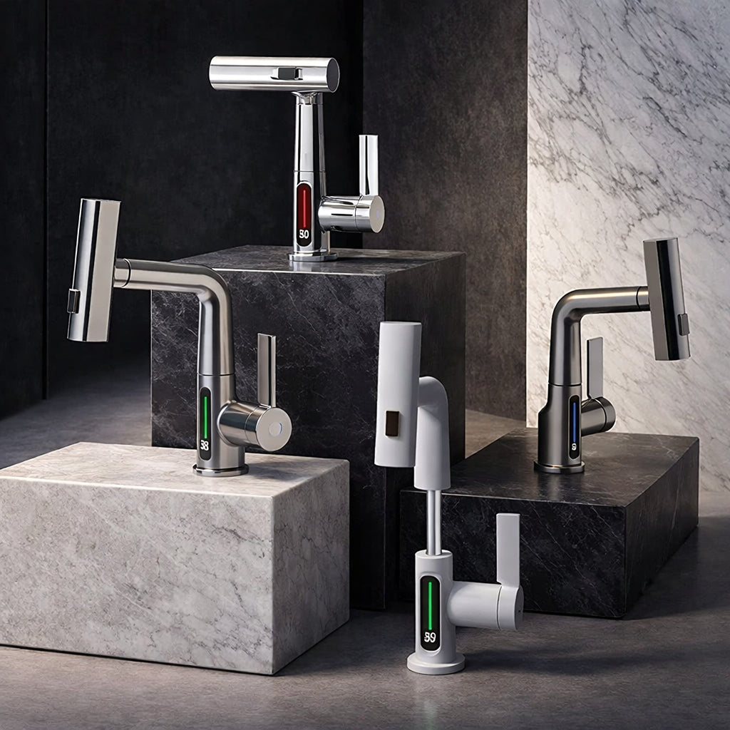 Flexibler Wasserhahn mit LED-Temperaturanzeige und 5 Strahlmodi – moderne Küchen- und Badarmatur