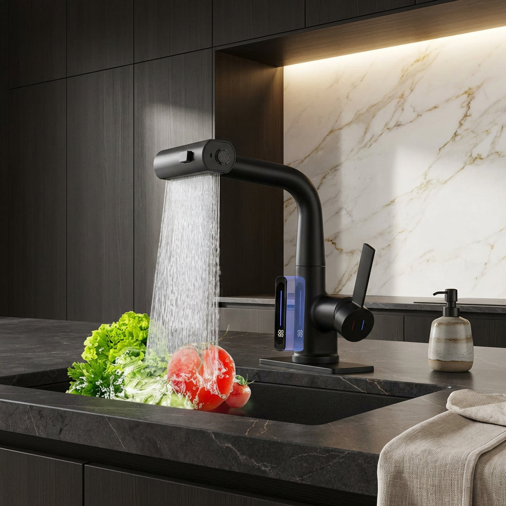Flexibler Wasserhahn mit LED-Temperaturanzeige und 5 Strahlmodi – moderne Küchen- und Badarmatur