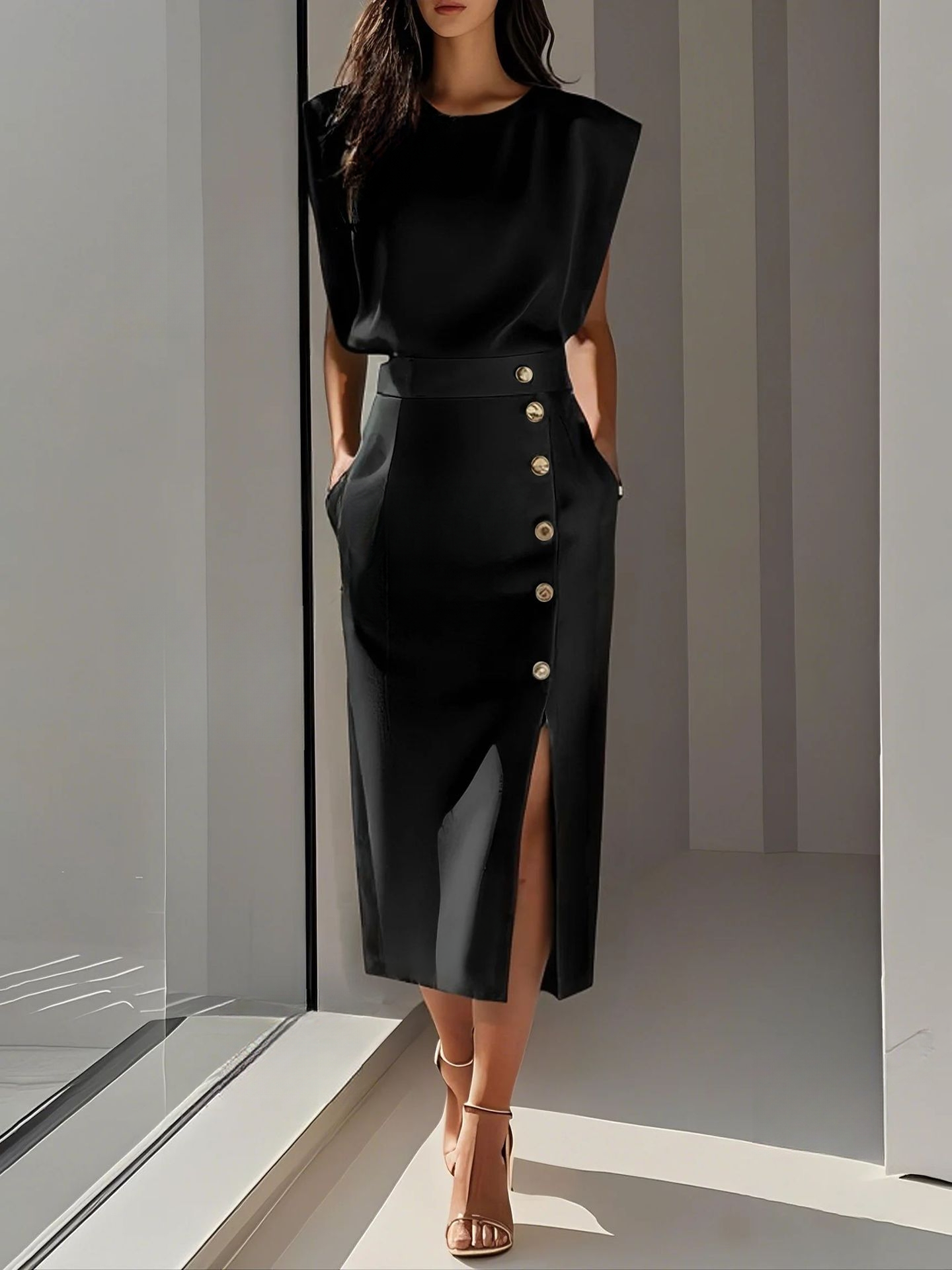 Elegantes Midi-Kleid mit Rundhalsausschnitt und Schlitz