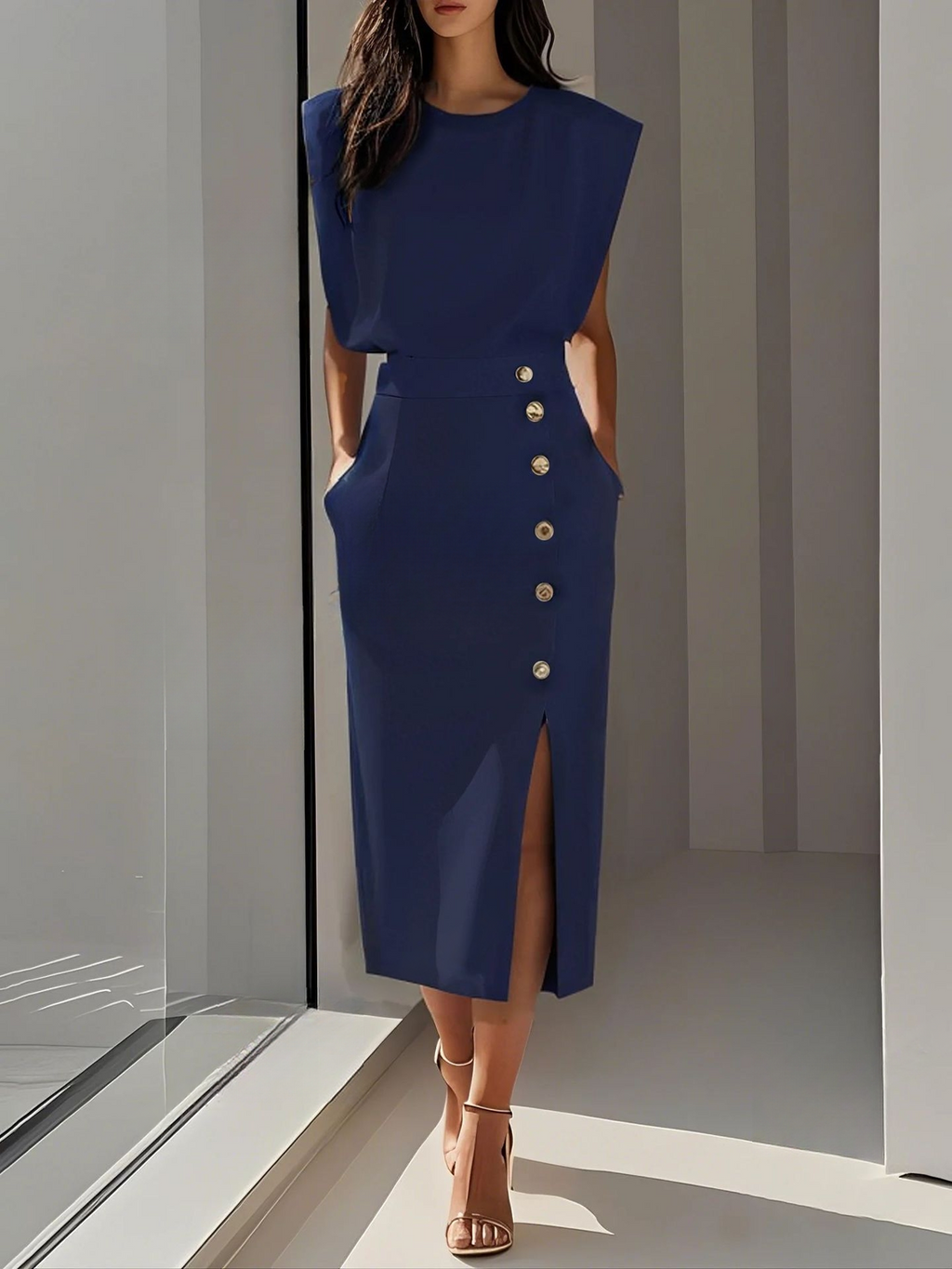 Elegantes Midi-Kleid mit Rundhalsausschnitt und Schlitz