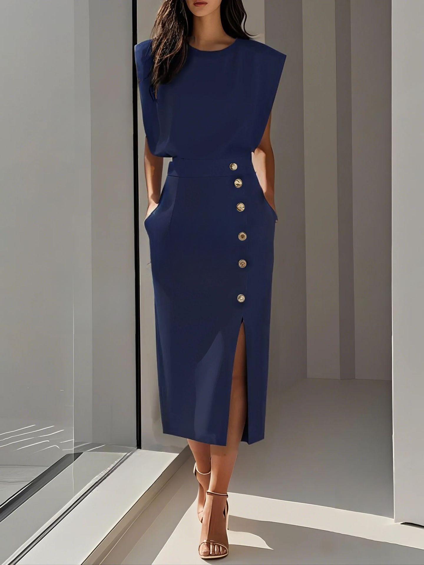 Elegantes Midi-Kleid mit Rundhalsausschnitt und Schlitz